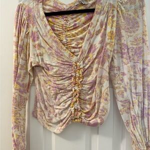 Free People Floral Ruched V-Neck Blouse - Purple and Cream